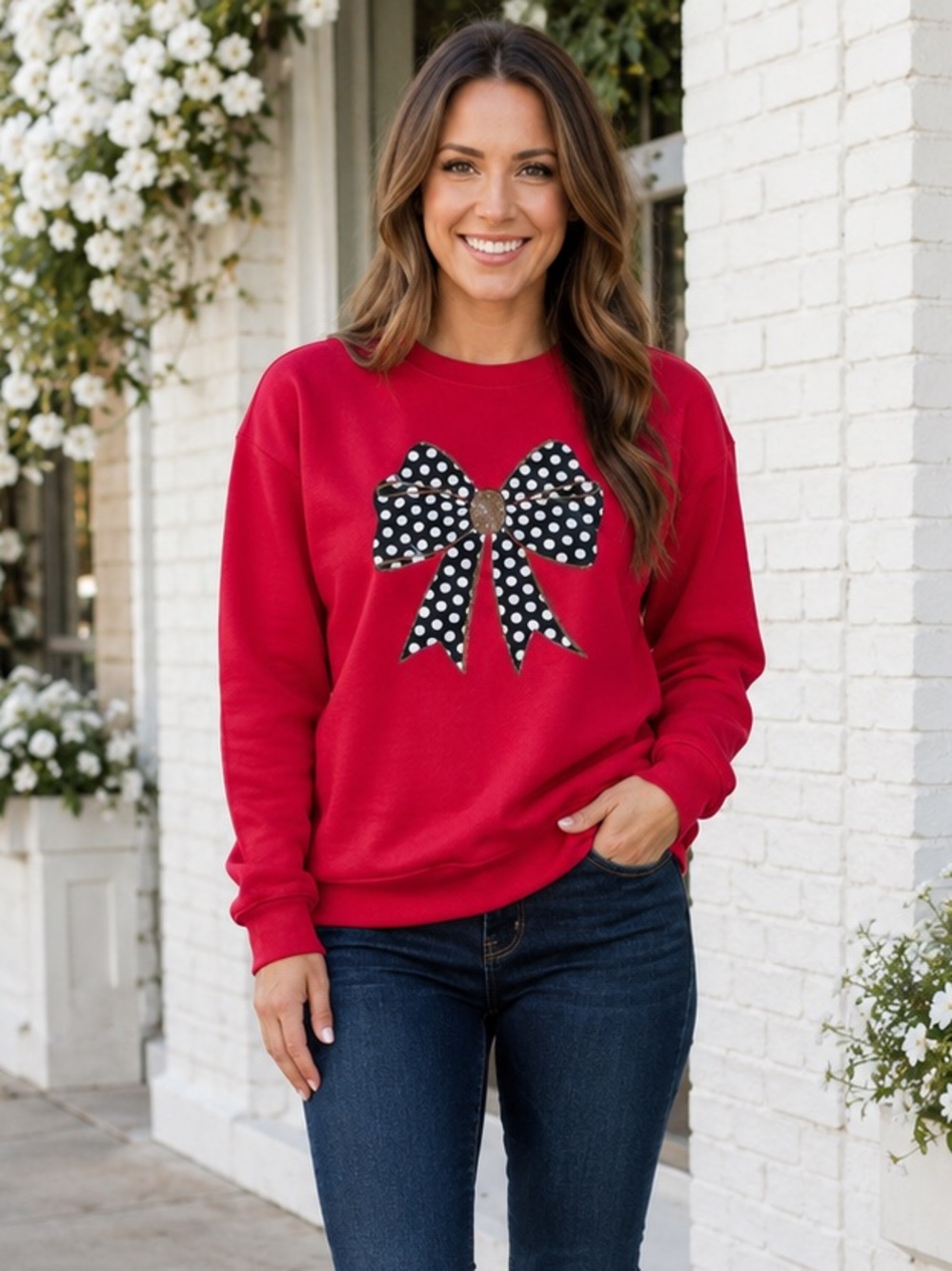 NEW Black & White Polka Dot Gold Trim Bow Coquette Girl Cherry Red Sweatshirt